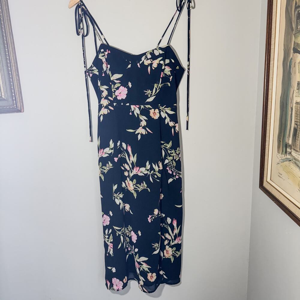 Forever 21 Black Floral Midi Dress Tie Shoulder Sheer Overlay Smocked Back L